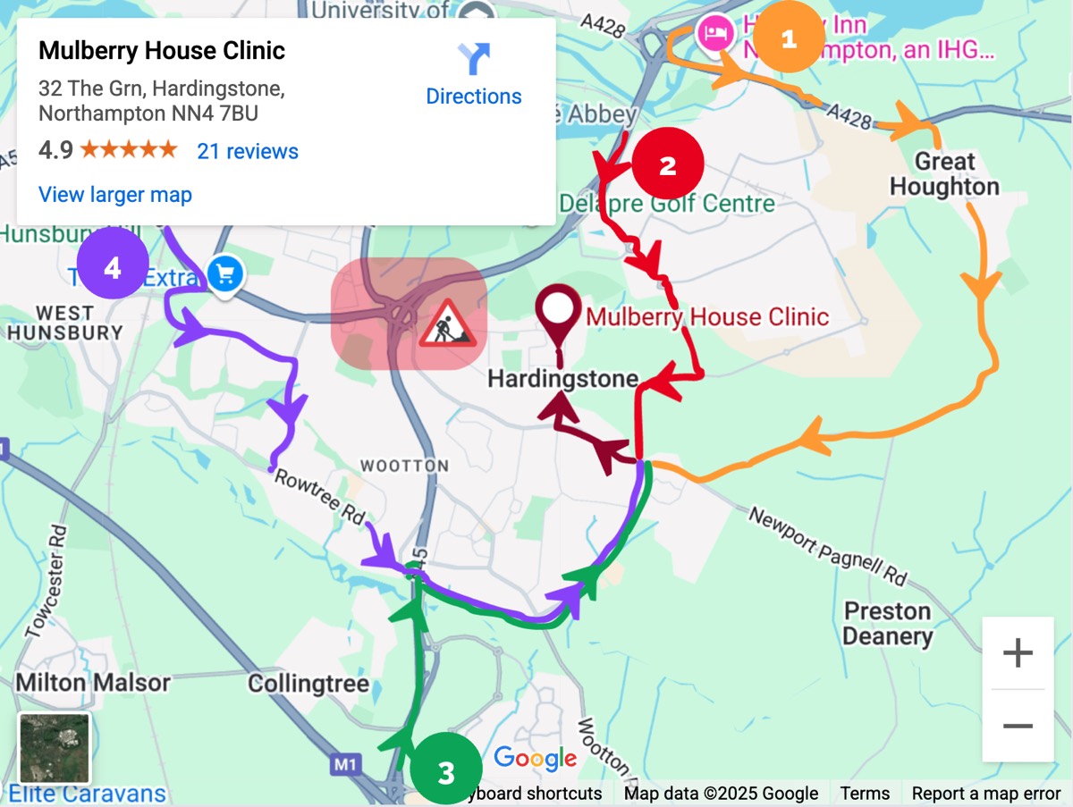 Mulberry House Clinic directions map - avoid roadworks